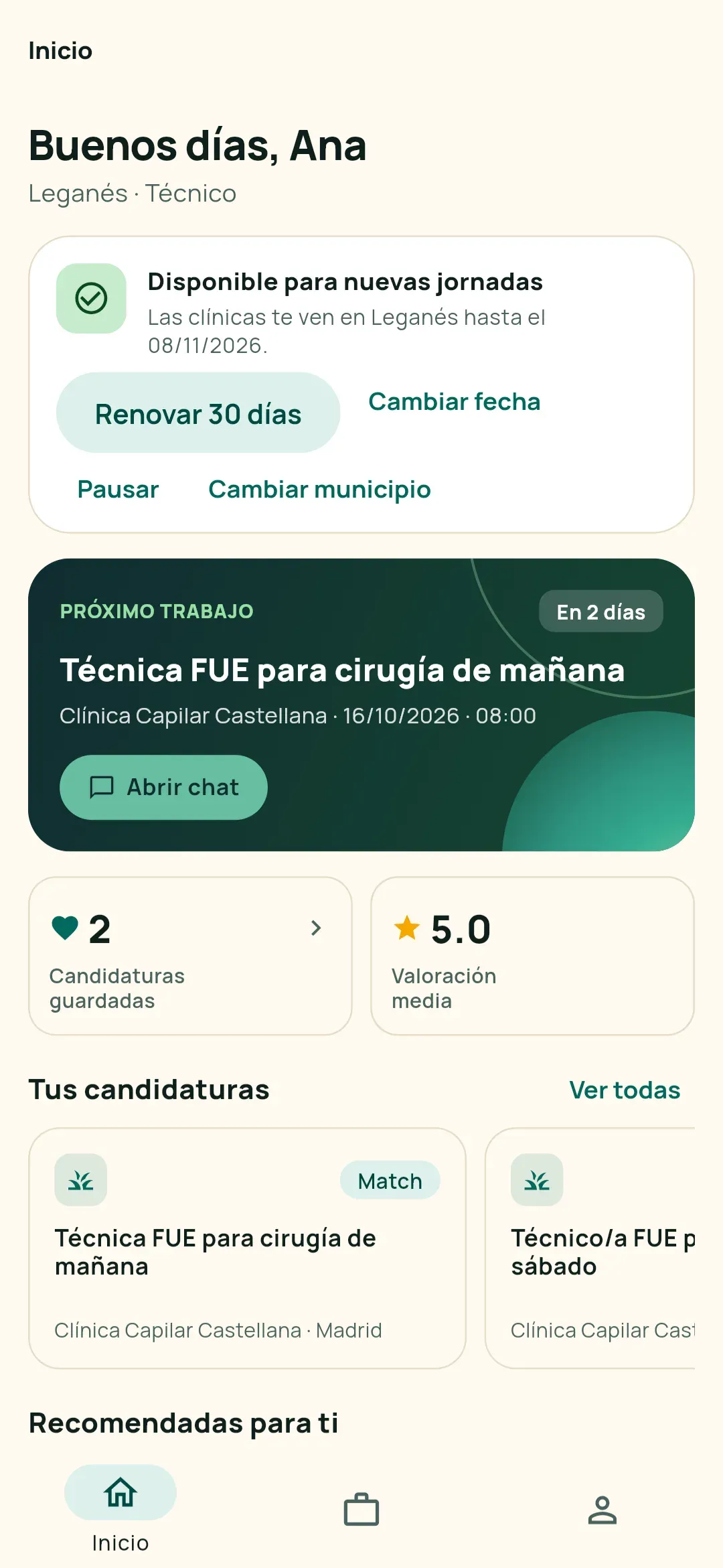 Inicio de una técnica con su próximo trabajo, su disponibilidad y sus candidaturas